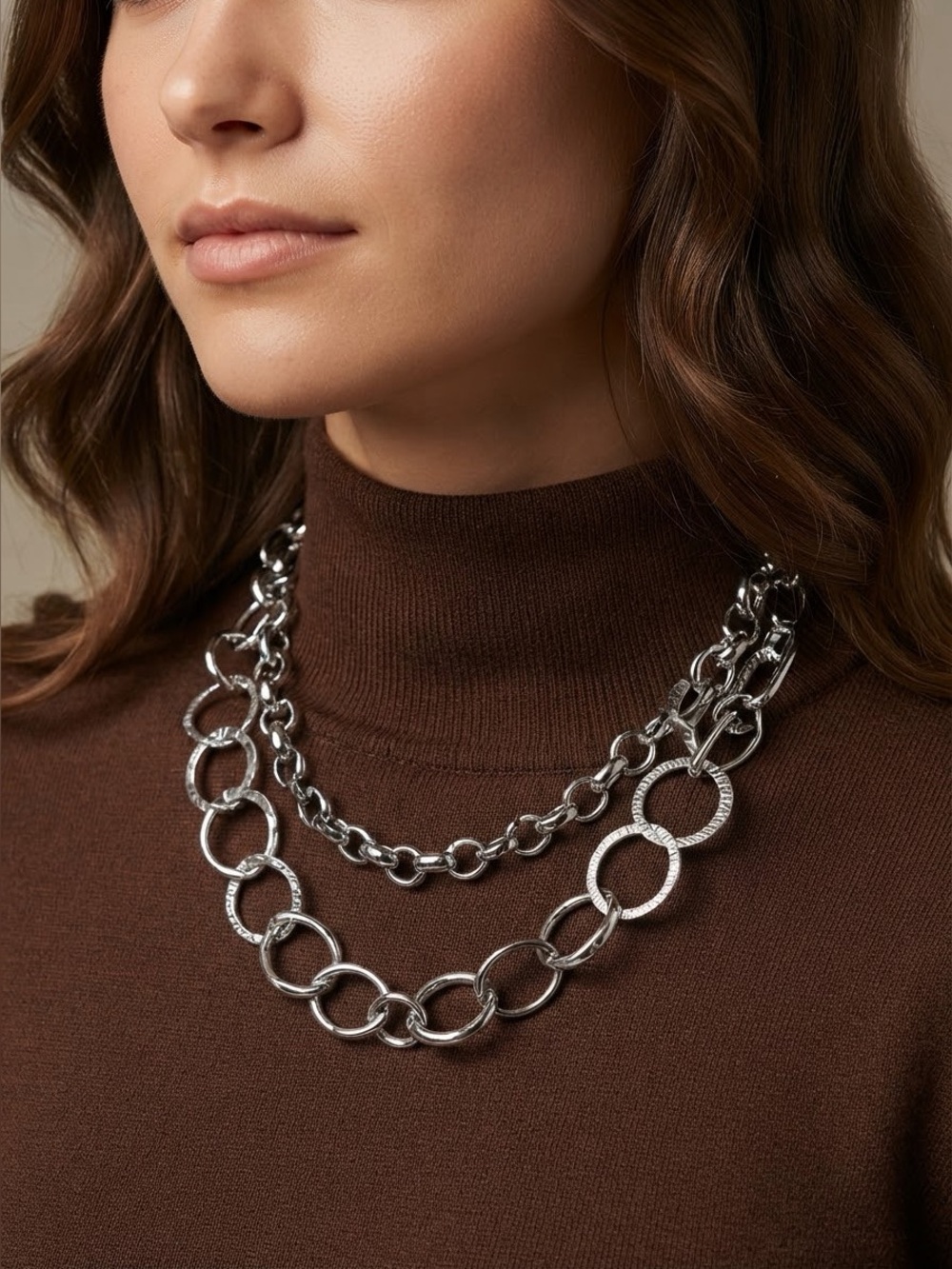 Chico’s Double Strand Chain Necklace | Silver Tone Chunky Layered Link Necklace